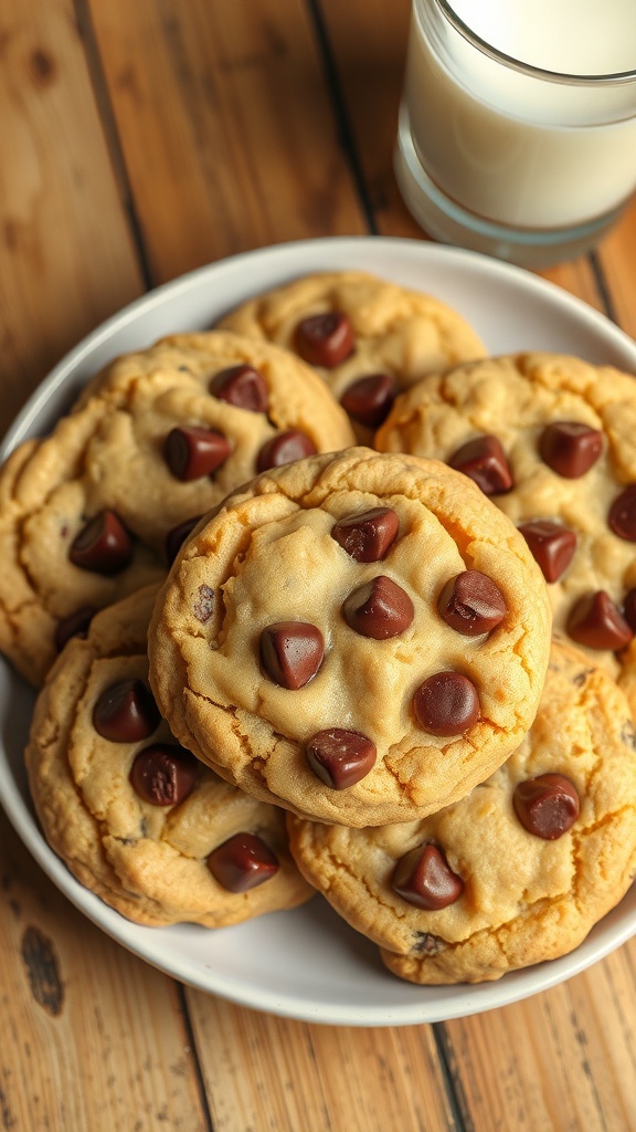A plate of warm peanut butter chocolate chip cookies with melted chocolate chips, served with a glass of milk.